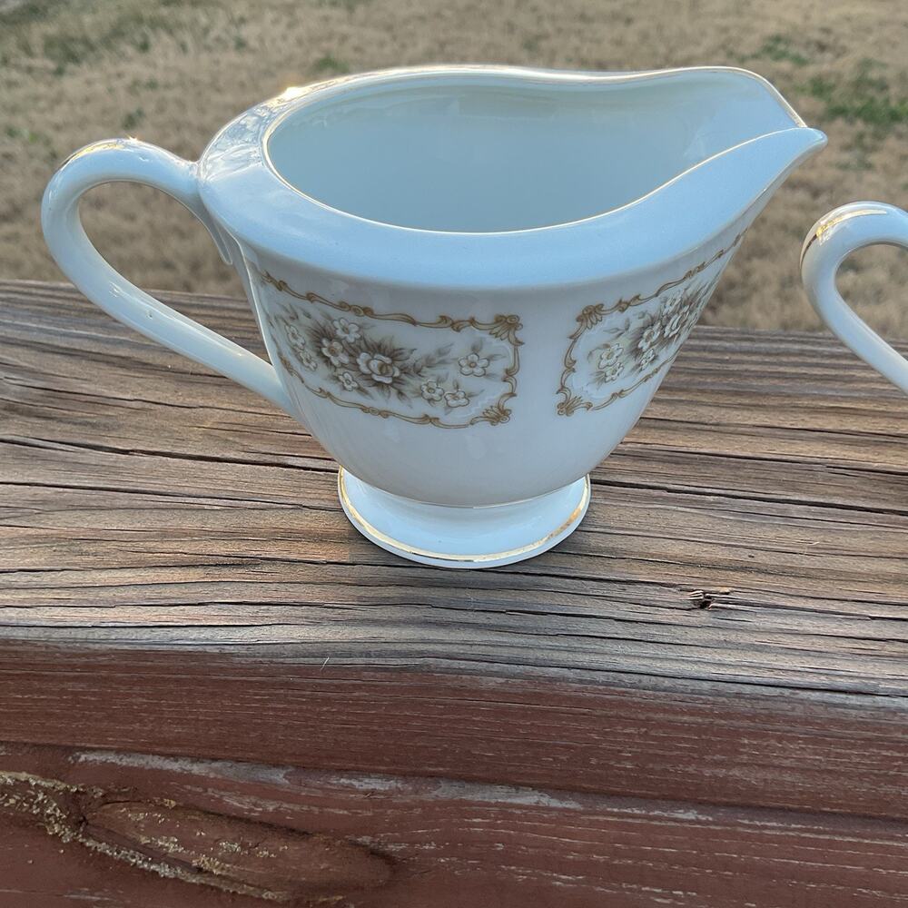 Happy Home China Elegance Creamer Sugar Bowl White Flowers W/ Scrolls - Picture 2 of 9